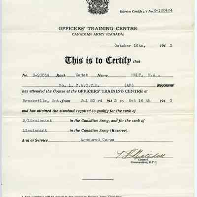 1943 Canadian Army Officer Cadet Training Certificate.