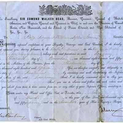 1857 Toronto Volunteer Militia Foot Artillery Company Officer's Commission Scroll