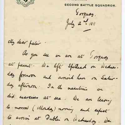 Letter “William Wales Edward HMS Hibernia Second Battle Squadron, Torquay, 02/07/1911”