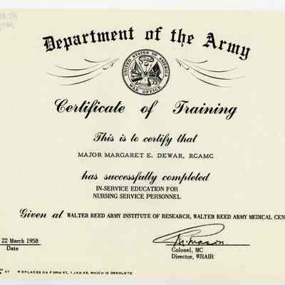 1958 U.S. Army Walter Reed Medical Centre Training Certificate "Major Margaret E. Dewar, R.C.A.M.C."