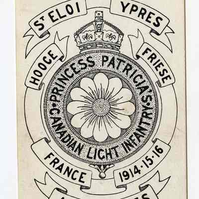 Postcard "A printed PPCLI postcard of "The Marguerite" badge surrounded by the units battle honours".
