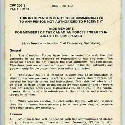 1985 Canadian Forces "Aid To The Civil Power" Memoire pamphlet