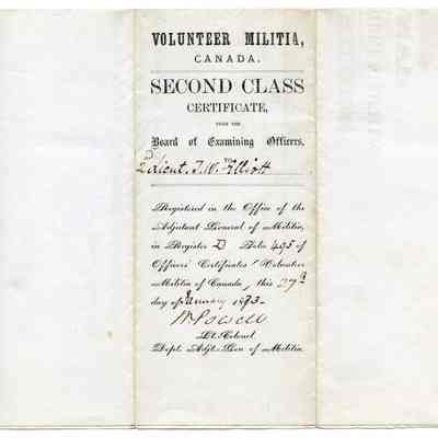 1873 Canadian Militia Second Class Certificate "Second-Lieutenant T.W. Elliott, Grand Trunk Artillery, 15 January 1873."