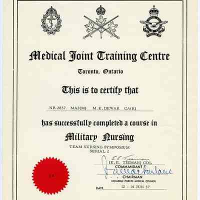 1957 Canadian Army Military Nursing Certificate "NB 2857 Major (M) Margaret E. Dewar."