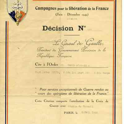 1945 French Army War Service Certificate "Captain Peter White, 6th Canadian Light Anti-Aircraft Regiment, Royal Canadian Artillery, 2nd Canadian Corps."
