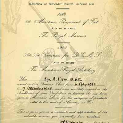 1943 Royal Merchant Navy D.E.M.S. Gunner's Certificate
