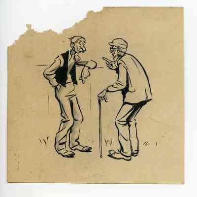 Winslow Mortimer pen/ink cartoon entitled "Two Old Men Talking."