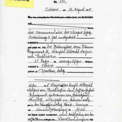 Photograph (copy) "Death Certificate Nr. 245, Rittmeister Freiherr Manfred von Richthofen, Ostrovo, 26 August 1918"
