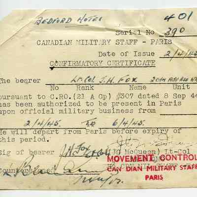 1945 Canadian Army Movement/Travel Pass.