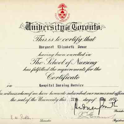 1957 University of Toronto Nursing School Certificate "Margaret Elizabeth Dewar."