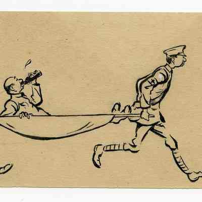 Winslow Mortimer pen/ink cartoon entitled "Privates as Stretcher-Bearers."