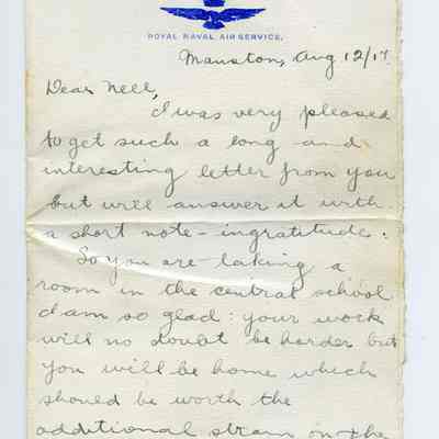 Letter Royal Naval Air Service Marston August 12, 1917