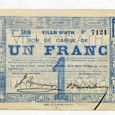 1915 French civilian ("Ville D'Ath") 1 franc promissory note