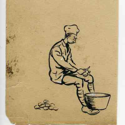 Winslow Mortimer pen/ink cartoon entitled "Private Peeling Potatoes."