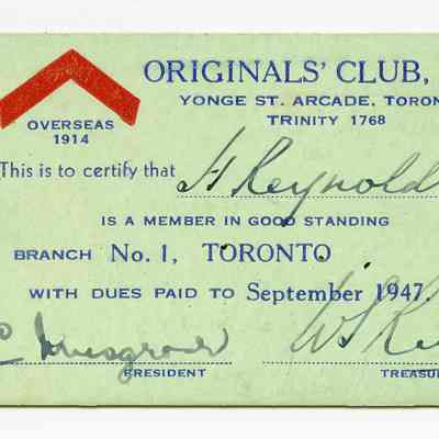 1947 Canadian war veterans' "Originals' Club Inc." membership card.