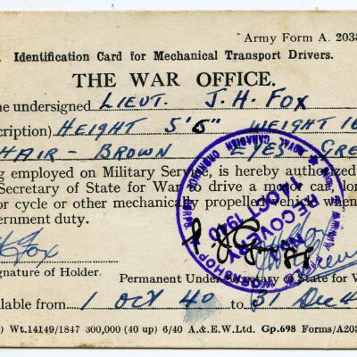 1940 British Army Transport Drivers' Card
