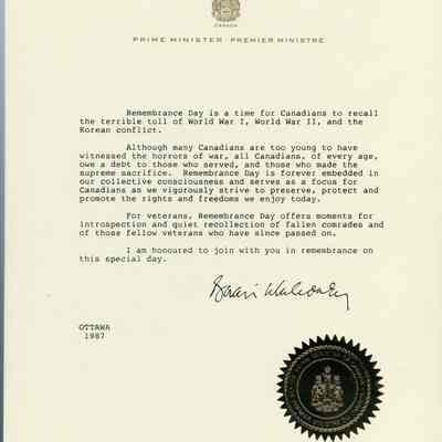 1987 Canadian Prime Minister's Office Remembrance Day letter