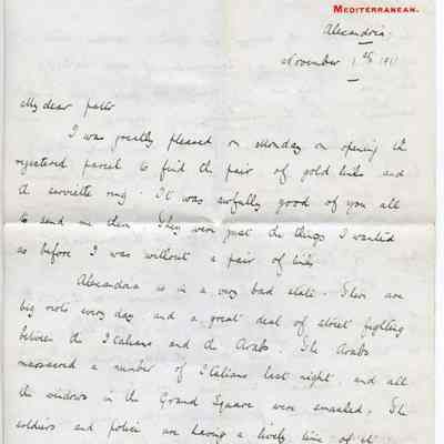 Letter “William Wales Edward HMS Lancaster, Alexandria, 01/11/1911”
