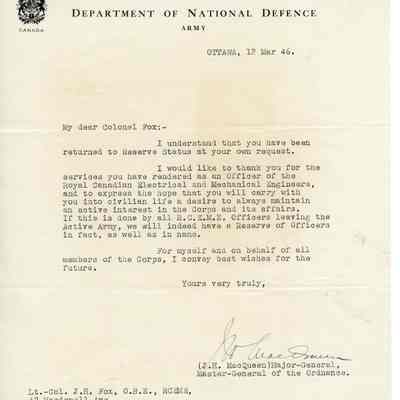 Letter "Major-General J.H. MacQueen, Ordnance Master-General, to Lieutenant-Colonel J.H. Fox, O.B.E., 12th March 1946."