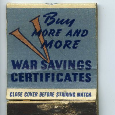 1943-1945 Canadian civilian War Savings Certificates matchbook cover.