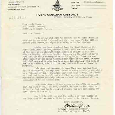 1944 Royal Canadian Air Force letter "Flying Officer Edward John Deemer Missing in Action 3 April 1944."