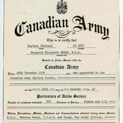 1947 Canadian Army Service Certificate "NB 2857 Captain (Matron) Margaret Elizabeth Dewar, R.R.C."