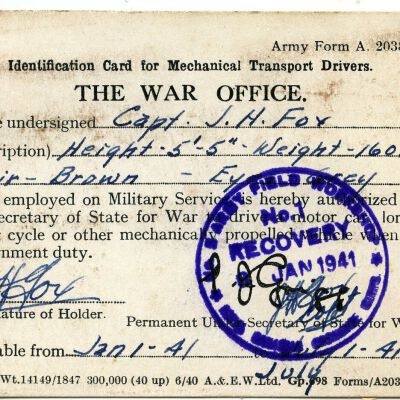1941 British Army Transport Drivers' Card.