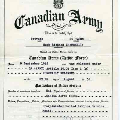 1955 Canadian Army Active Service Certificate "SC 37608 Private Hugh Richard Chamberlin."