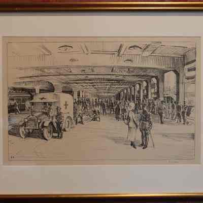 Lismer lithograph "Arrival of Hospital Ship At Pier 2, 1914-1918."