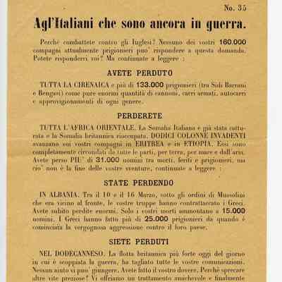 1940-1943 British Government Anti-Fascist (Italian) propaganda leaflet.