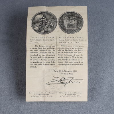 1916-1919 French civilian Verdun commemorative medallion paper.