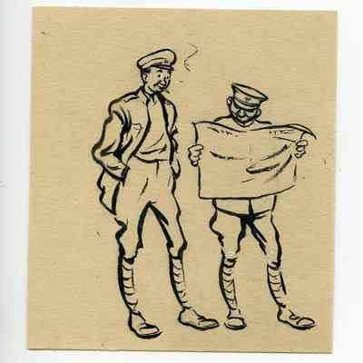 Winslow Mortimer pen/ink cartoon entitled "Two Privates Reading Newspaper."