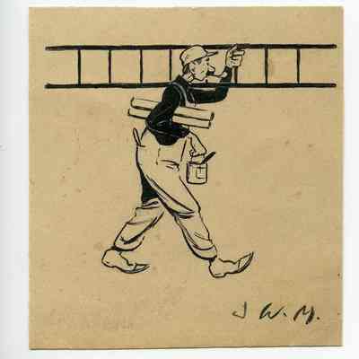 1940s Winslow Mortimer pen/ink cartoon "Painter At Work."