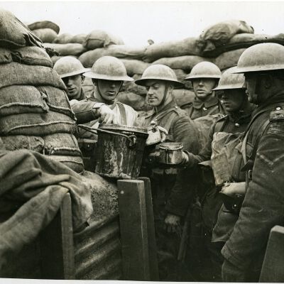 Photograph "British Army Tommies Serving Stew in Messtins."