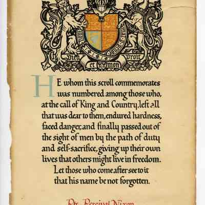 1921 Canadian civilian Memorial Plaque scroll, Private Percival Nixon, Canadian Infantry Battalion.