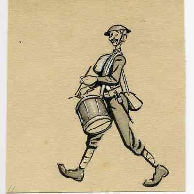 Winslow Mortimer pen/ink cartoon entitled "Private with Kettledrum."