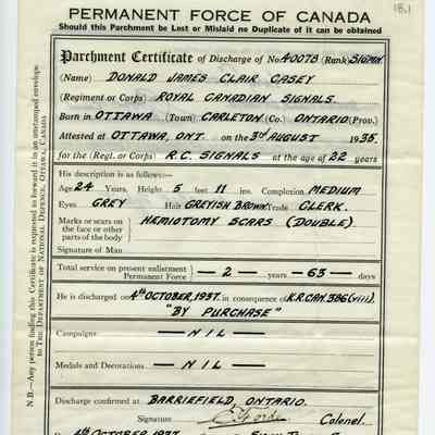 1937 Canadian Army Discharge Certificate "40078 Signalman Donald James Clair Casey."