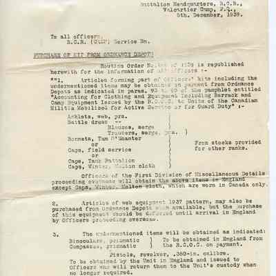 1939 Royal Canadian Regiment routine order.
