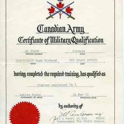 1953 Canadian Army Military Instruction Certificate "SC 37608 Private Hugh Richard Chamberlin."