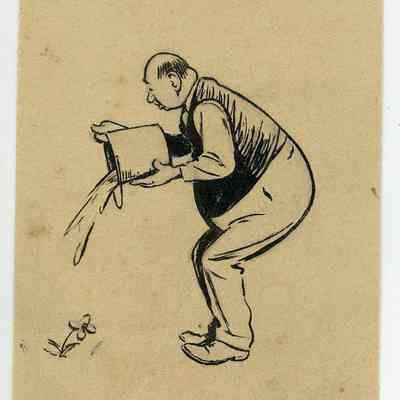 Winslow Mortimer pen/ink cartoon entitled "Watering the Plant."
