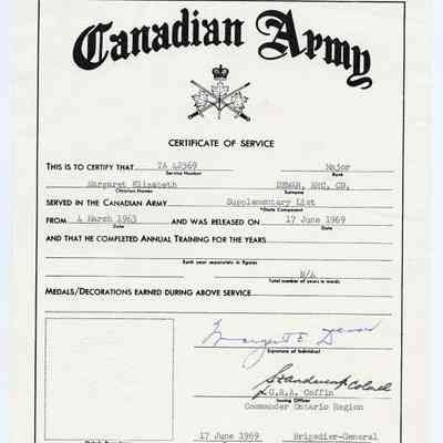 1969 Canadian Army/Canadian Forces Service Certificate "TA 42569 Major Margaret Elizabeth Dewar, R.R.C., C.D."