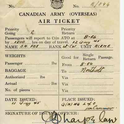 1945 Canadian Army Overseas Air Ticket.