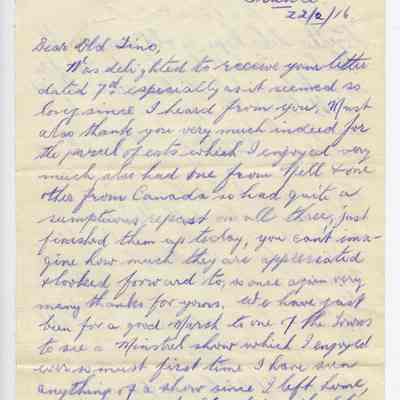Letter “80141 Sgt. Leonard E. Stump, 31st Batt’n 22/2/16”