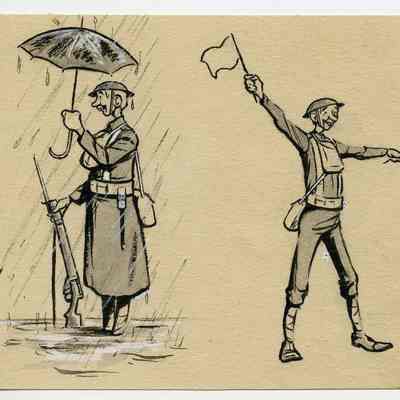 Winslow Mortimer pen/ink cartoon entitled "Private on Guard Duty, Private Signalling."