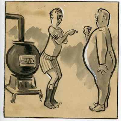 Winslow Mortimer pen/ink cartoon entitled "Two Men And Stove."