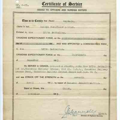 1919 Canadian Expeditionary Force Service Certificate "Captain George Burnfield Little, 127th (12th York Rangers) Infantry Battalion."