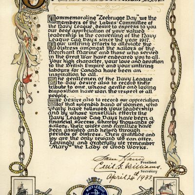 1933 Navy League Zeebrugge Tag Day Service Certificate