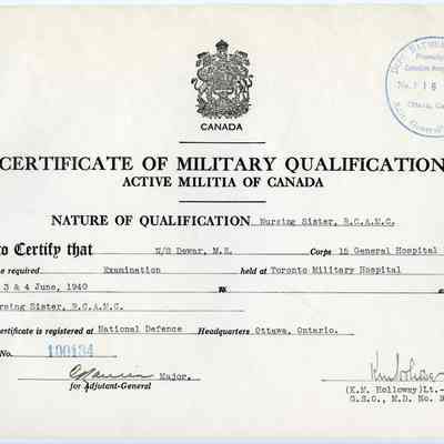 1940 Toronto Military Hospital Qualification Certificate "Lieutenant (N/S) M.E. Dewar."