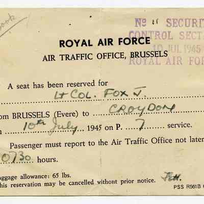 1945 Royal Air Force Aircraft Boarding Card.
