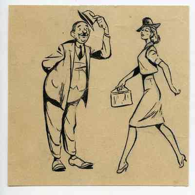 Winslow Mortimer pen/ink cartoon entitled "Man Pays Compliment to Woman."